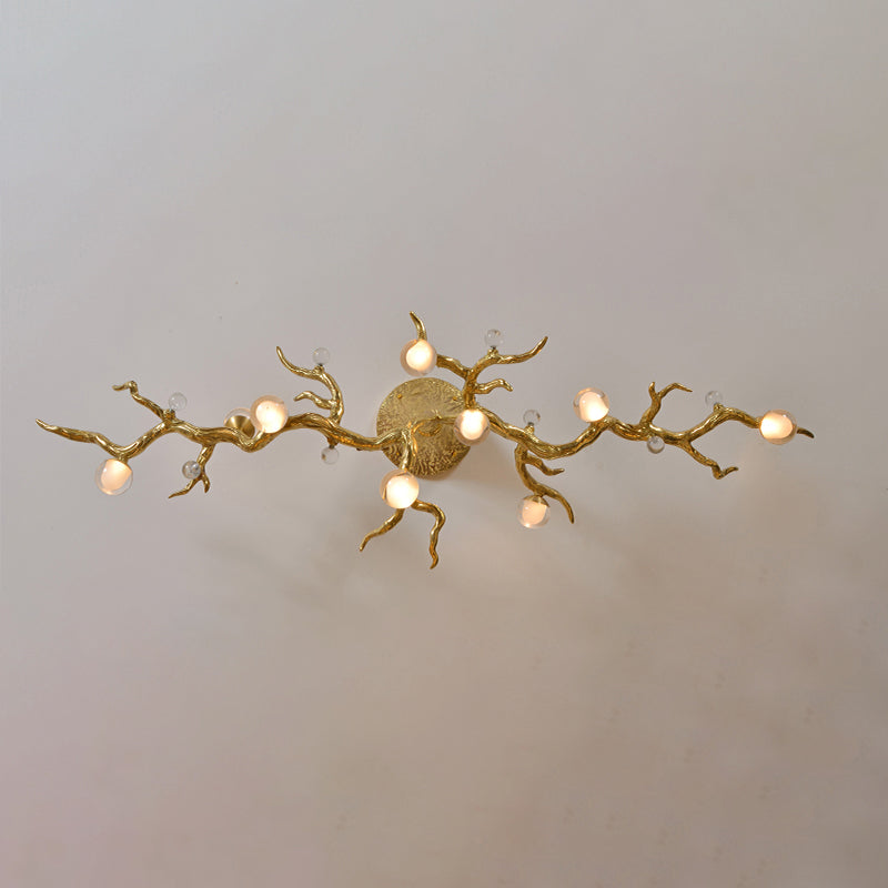 The Linear Glass Ball Branch Semi Flush Chandelier is artfully designed, it combines with the organic tree branch design, decorated with the metal leaves, creates a fruitfully ideas. it is a new interpretation for the new modern style.
