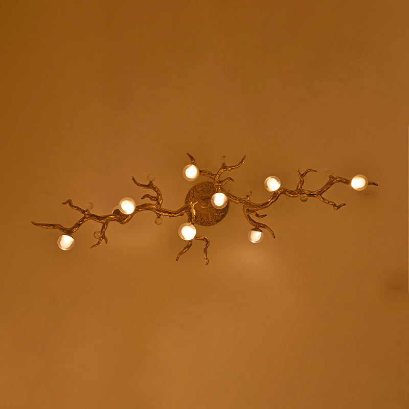 The Linear Glass Ball Branch Semi Flush Chandelier is artfully designed, it combines with the organic tree branch design, decorated with the metal leaves, creates a fruitfully ideas. it is a new interpretation for the new modern style.