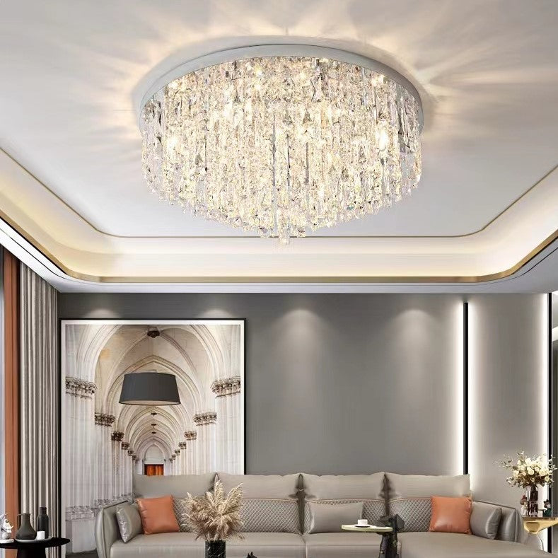 Olivialamps Oversized Round Crystal Pendant Flush Mount Chandelier in Chrome Finish for Living Room/ Bedroom