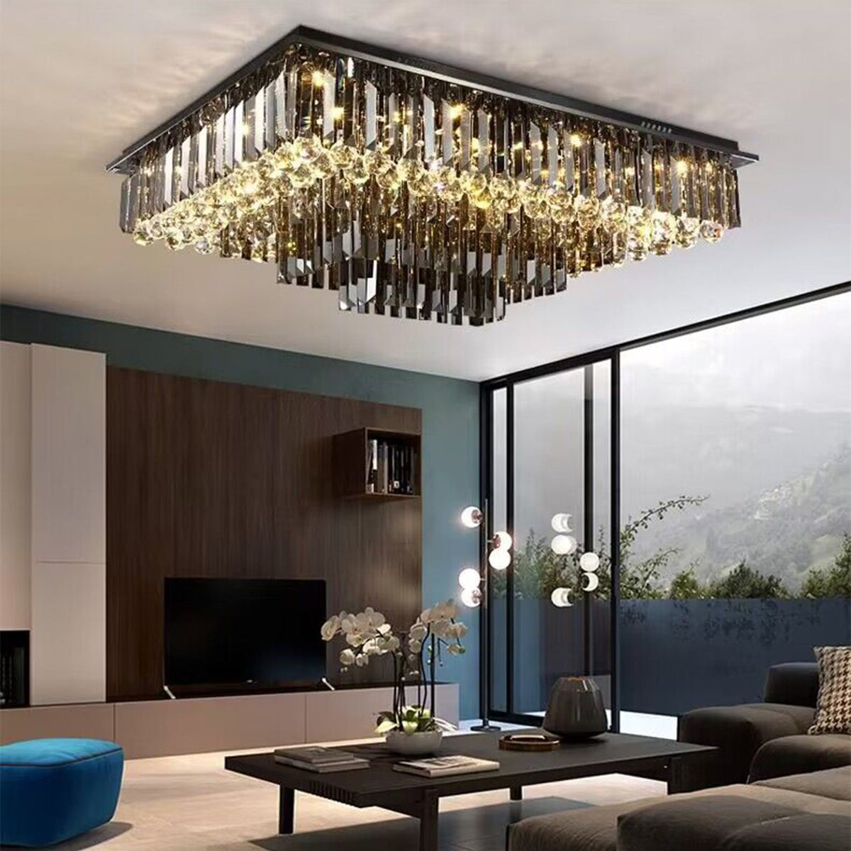 Olivialamps Oversized Rectangle Flush Mount Crystal Chandelier Modern Luxury Smoke-gray Crystal Light For Living Room/Dining Room