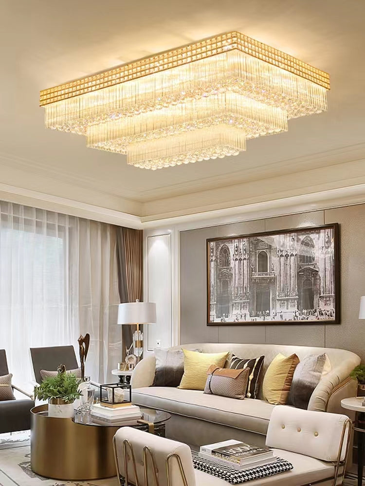 Olivialamps Extar Large Modern Gold Tiered Rectangle Crystal Flush Mount Chandelier for Living Room