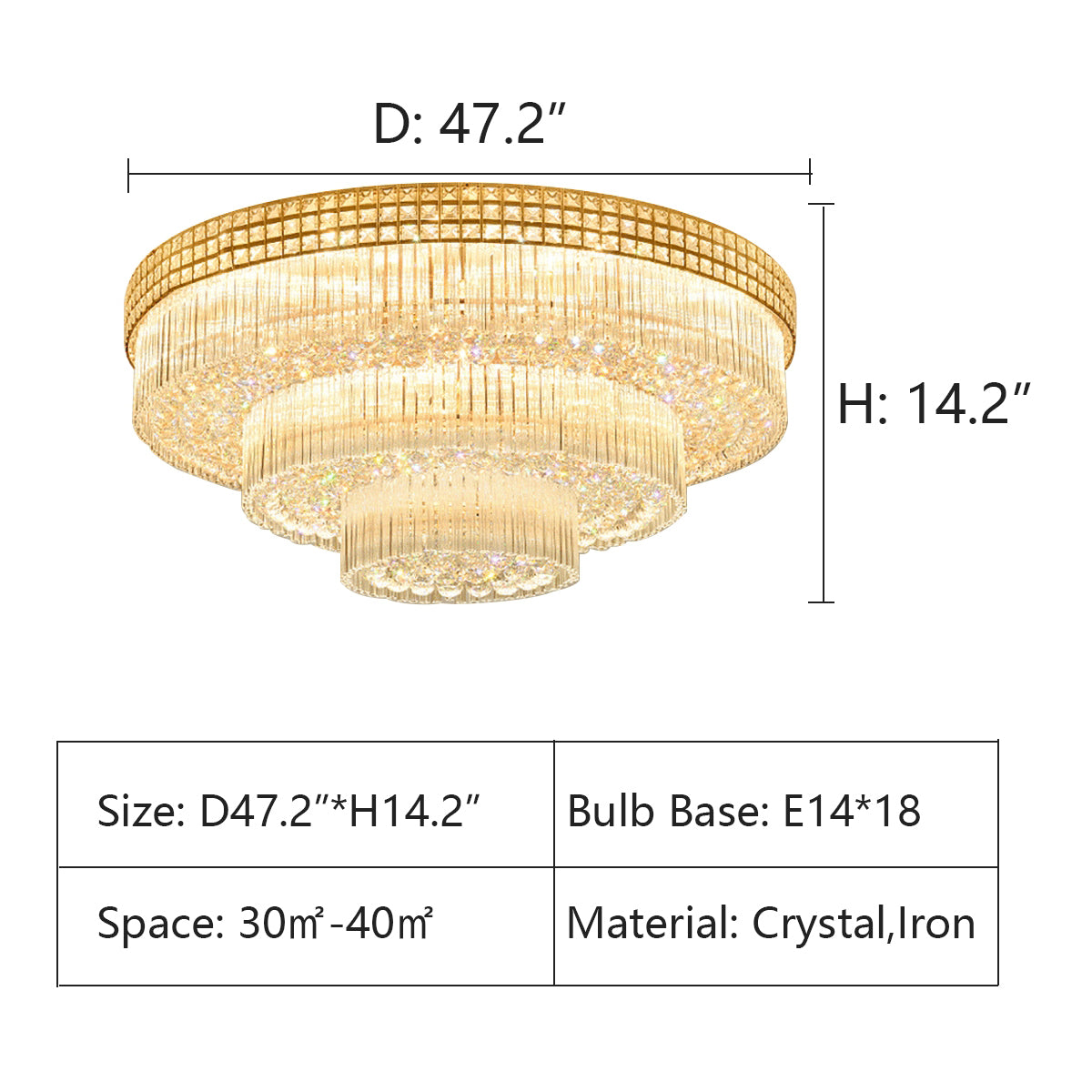 D47.2"*H14.2"  gold, rround, extra large, oversized, for large space, flush mount, tiered, living room, dining room, crystal