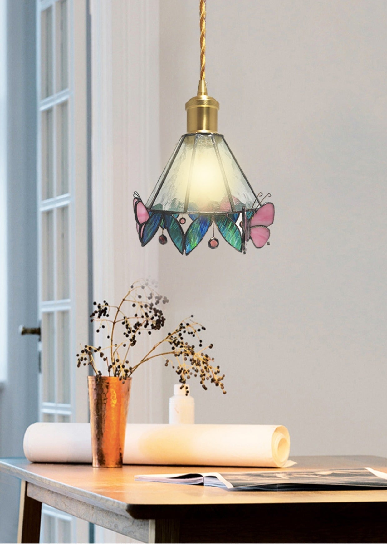 Olivia Lamps Art Colorful Glass Butterfly Pendant Tiffany Chandelier for Bedside/Kitchen Island/Entryway