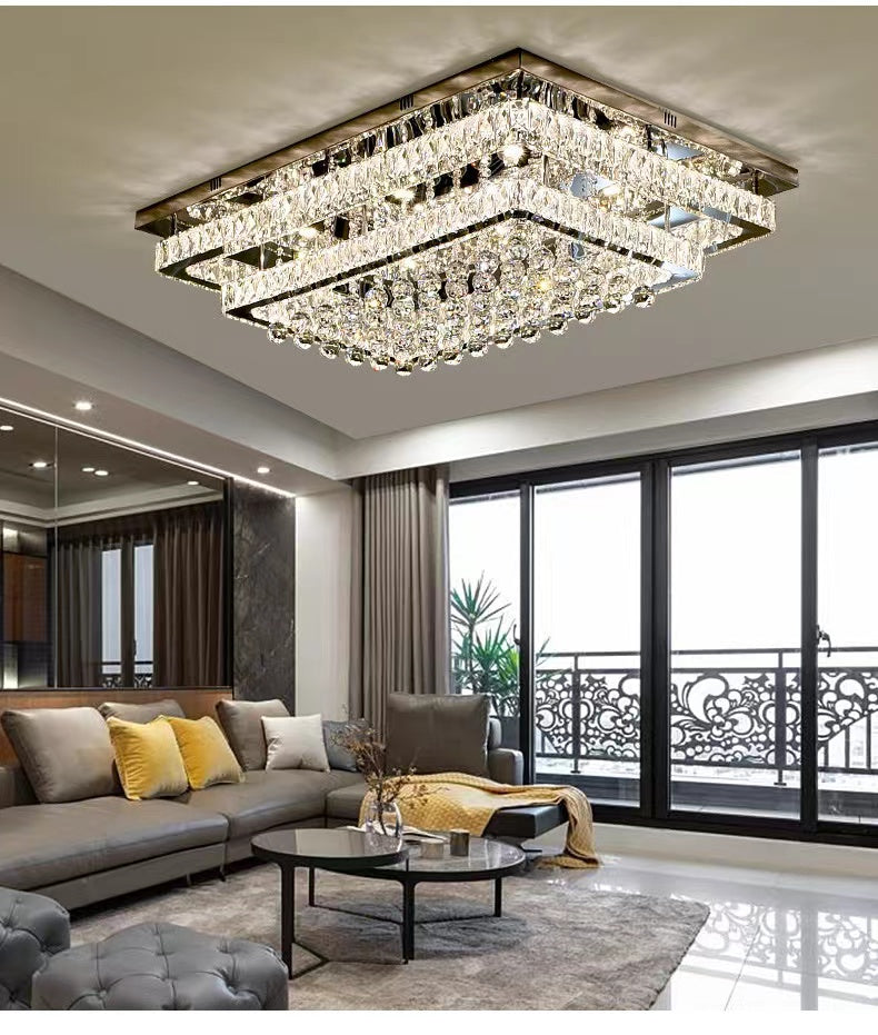 Olivialamps Extra Large Rectangle Crystal Pendant Multi-Tier Flush Mount Chandelier for Living Room