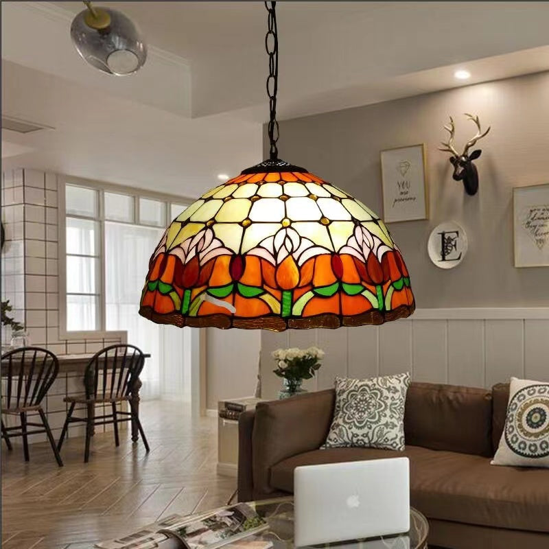 Olivialamps Retro Tiffany Multi-Color Glass Pendant Light for Dining Table/Cafe/Entryway