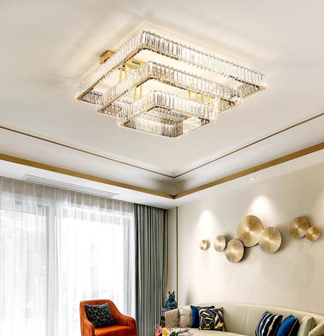 Olivialamps Modern Luxury Multi-layer Square Crystal Flush Mount Pendant Chandelier for Living Room/Bedroom