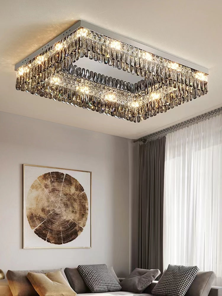 Olivialamps Oversized Mirror Stainless Steel Crystal Flush Mount Chandelier for Living Room/Bedroom