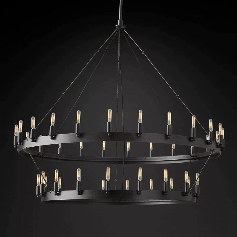 Rustic in style, simple in form and grand in size, this is an elegant statement. It draws inspiration from early 20th century industrial fixtures and is made of sturdy angle iron.